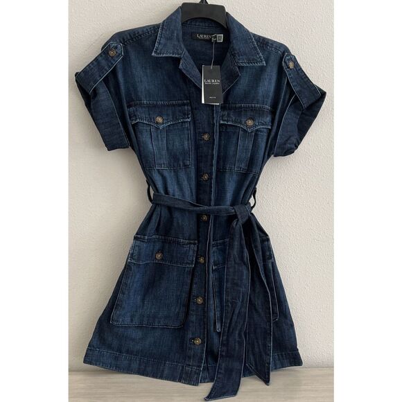 Lauren Ralph Lauren Sz 6 P Belted Denim Shirt Dress Atlas Wash Short Sleeve - Picture 1 of 10